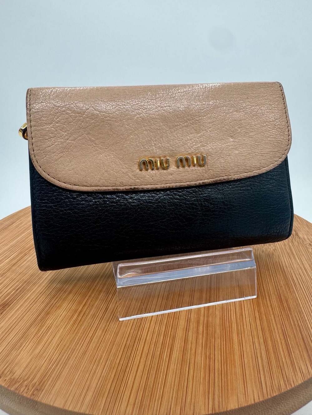 Miu Miu Madras Bicolore Bi-Fold Wallet in Black and Beige Leather
